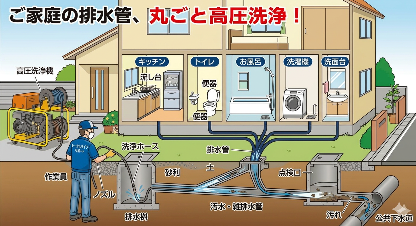 排水管高圧洗浄の断面図解